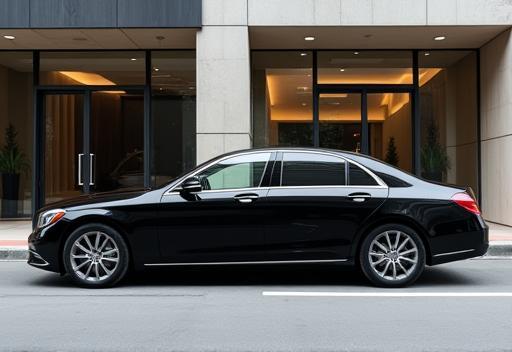 Elegant black luxury sedan parked outside a modern building