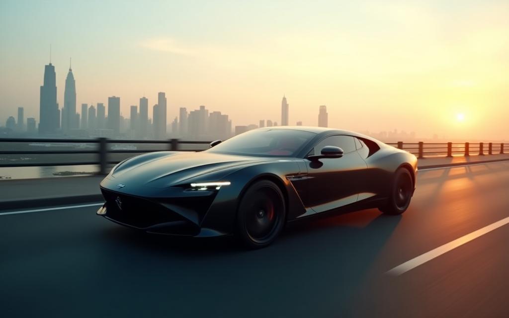 Luxury car driving on a scenic road with cityscape background